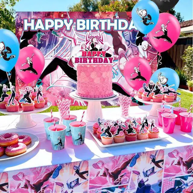 Alt view image 6 of 7 - Spider Gwen Birthday Decorations for Kids,98 Pcs Spider Gwen Party Decorations & Party Tableware Set- Spider Gwen Birthday Banner Balloons Plates Napkins etc Spider Gwen Birthday Party Supplies