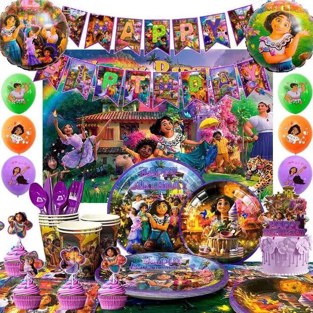 Main image of Encanto Birthday Party Supplies,114pcs Magic House Birthday Party Supplies Set-Encanto Birthday Banner Backdrop Tablecloth Plates Cups Napkins Balloons Cake Topper etc Encanto Themed Party Supplies