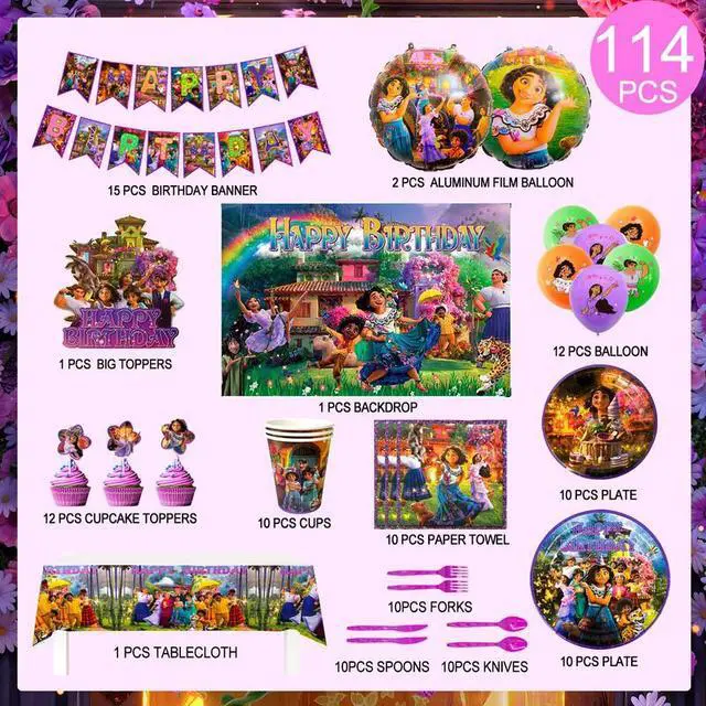 Alt view image 2 of 7 - Encanto Birthday Party Supplies,114pcs Magic House Birthday Party Supplies Set-Encanto Birthday Banner Backdrop Tablecloth Plates Cups Napkins Balloons Cake Topper etc Encanto Themed Party Supplies