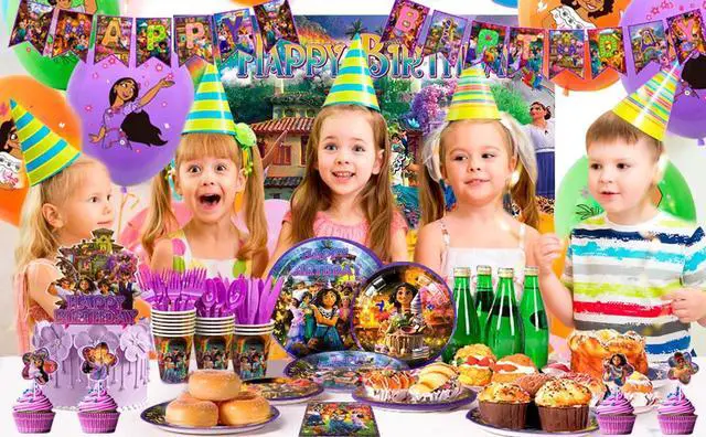 Alt view image 7 of 7 - Encanto Birthday Party Supplies,114pcs Magic House Birthday Party Supplies Set-Encanto Birthday Banner Backdrop Tablecloth Plates Cups Napkins Balloons Cake Topper etc Encanto Themed Party Supplies