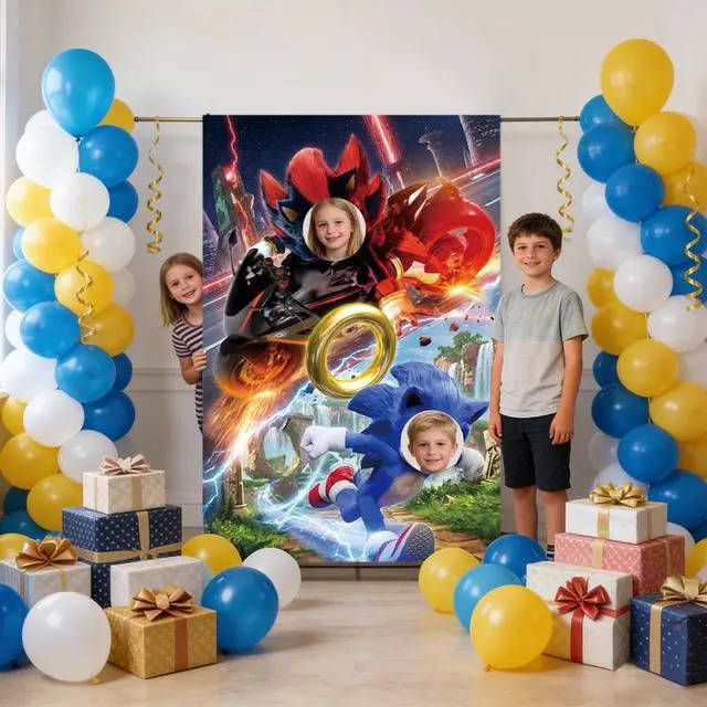 Alt view image 3 of 7 - Sonic Party Supplies,59''x39'' Sonic Photo Backdrop, Sonic Face Photo Backdrop & Sonic Happy Birthday Backdrop for Sonic Birthday Party Decorations