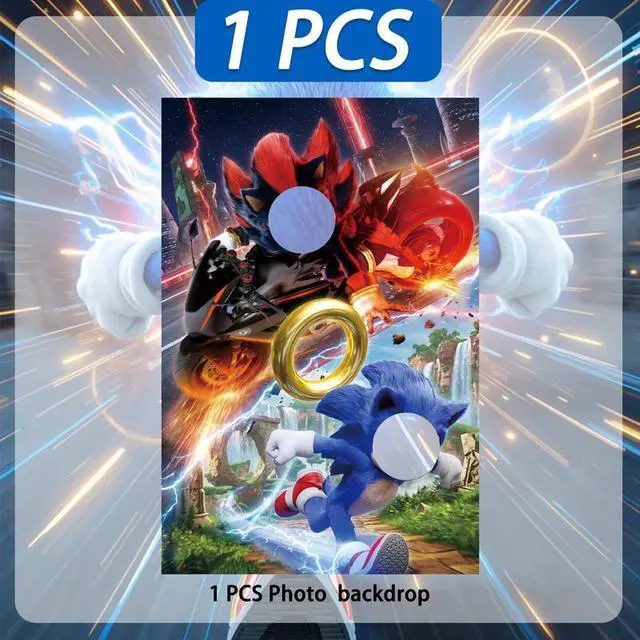 Alt view image 2 of 7 - Sonic Party Supplies,59''x39'' Sonic Photo Backdrop, Sonic Face Photo Backdrop & Sonic Happy Birthday Backdrop for Sonic Birthday Party Decorations