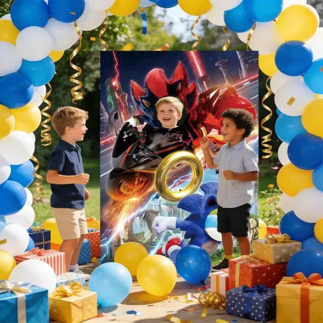 Alt view image 4 of 7 - Sonic Party Supplies,59''x39'' Sonic Photo Backdrop, Sonic Face Photo Backdrop & Sonic Happy Birthday Backdrop for Sonic Birthday Party Decorations