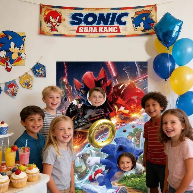 Alt view image 6 of 7 - Sonic Party Supplies,59''x39'' Sonic Photo Backdrop, Sonic Face Photo Backdrop & Sonic Happy Birthday Backdrop for Sonic Birthday Party Decorations