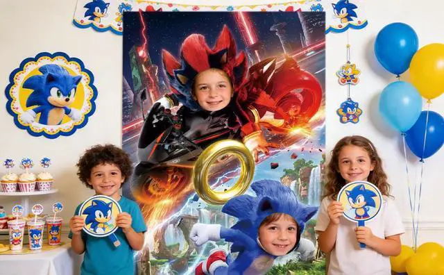 Alt view image 7 of 7 - Sonic Party Supplies,59''x39'' Sonic Photo Backdrop, Sonic Face Photo Backdrop & Sonic Happy Birthday Backdrop for Sonic Birthday Party Decorations