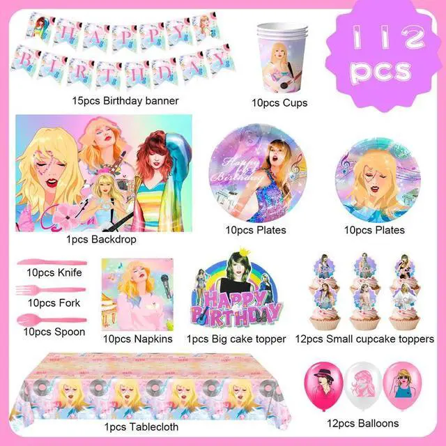Alt view image 2 of 7 - Taylor Birthday Decorations, 112 Pcs Taylor Party Decorations and Taylor Party Tableware - Taylor Themed Birthday Banners Balloons Plates Tablecloths and more Taylor Party supplies