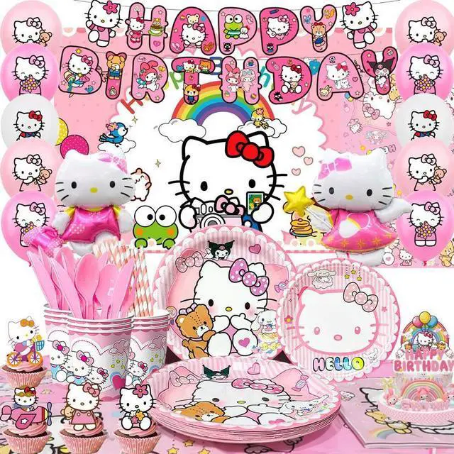 Main image of Hello Kitty Birthday Decorations,124pcs Hello Kitty Party Decorations & Hello Kitty Party Tableware Set - Hello Kitty Party Plates Cups Napkins Backdrop Balloon Banner etc Hello Kitty Party Supplies