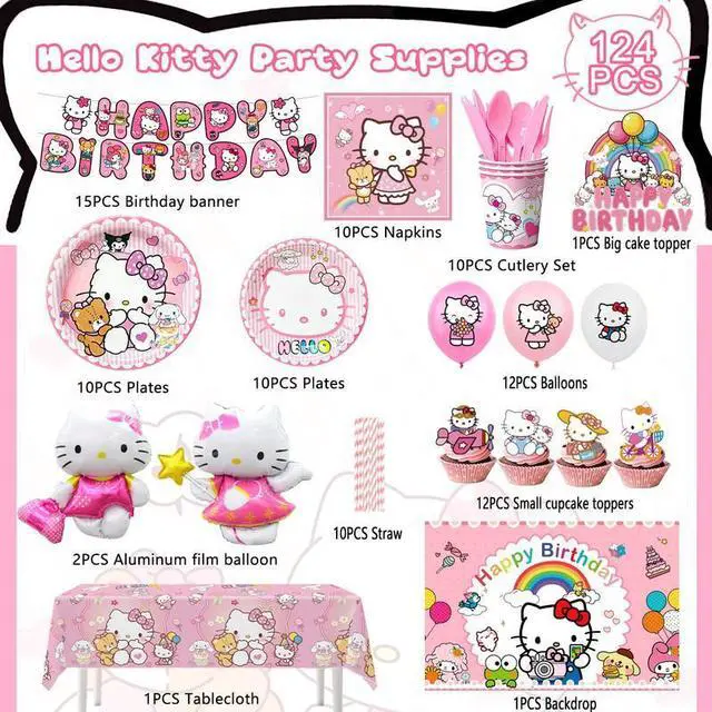 Alt view image 2 of 7 - Hello Kitty Birthday Decorations,124pcs Hello Kitty Party Decorations & Hello Kitty Party Tableware Set - Hello Kitty Party Plates Cups Napkins Backdrop Balloon Banner etc Hello Kitty Party Supplies