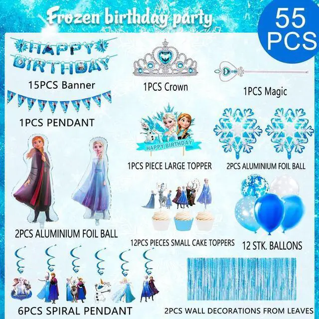 Alt view image 2 of 7 - Frozen Birthday Party Supplies-55pcs Frozen Party Decorations Set-Frozen Balloon,Elsa Foil Balloon,Snowflake Balloons Banner Cake Toppers Crown Tiara Wand etc Elsa Frozen Decorations for Girls Party