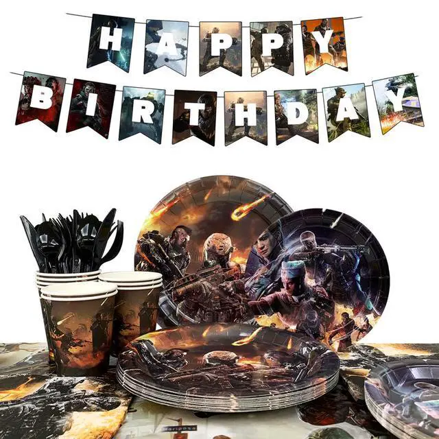 Alt view image 2 of 7 - 126 Pcs Call of Duty Birthday Decorations Tableware, Call of Duty Party Decorations Set - Call of Duty Themed Party Plates Cups Napkins Tablecloth Banners etc Call of Duty Birthday Party Supplies