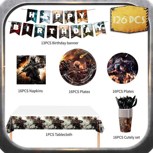 Alt view image 3 of 7 - 126 Pcs Call of Duty Birthday Decorations Tableware, Call of Duty Party Decorations Set - Call of Duty Themed Party Plates Cups Napkins Tablecloth Banners etc Call of Duty Birthday Party Supplies