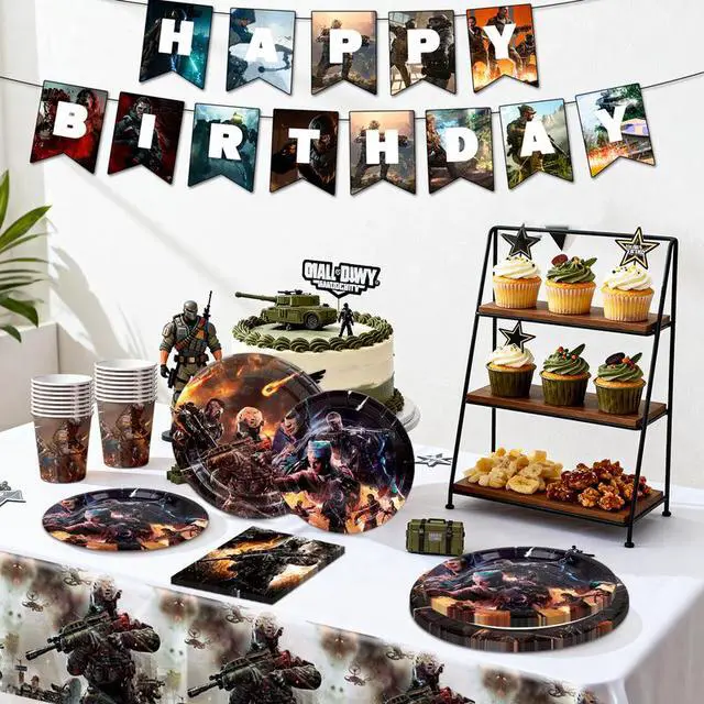 Alt view image 5 of 7 - 126 Pcs Call of Duty Birthday Decorations Tableware, Call of Duty Party Decorations Set - Call of Duty Themed Party Plates Cups Napkins Tablecloth Banners etc Call of Duty Birthday Party Supplies