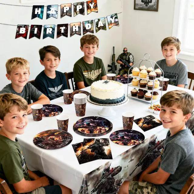 Alt view image 4 of 7 - 126 Pcs Call of Duty Birthday Decorations Tableware, Call of Duty Party Decorations Set - Call of Duty Themed Party Plates Cups Napkins Tablecloth Banners etc Call of Duty Birthday Party Supplies