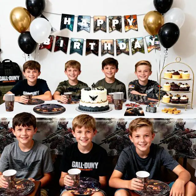 Alt view image 6 of 7 - 126 Pcs Call of Duty Birthday Decorations Tableware, Call of Duty Party Decorations Set - Call of Duty Themed Party Plates Cups Napkins Tablecloth Banners etc Call of Duty Birthday Party Supplies