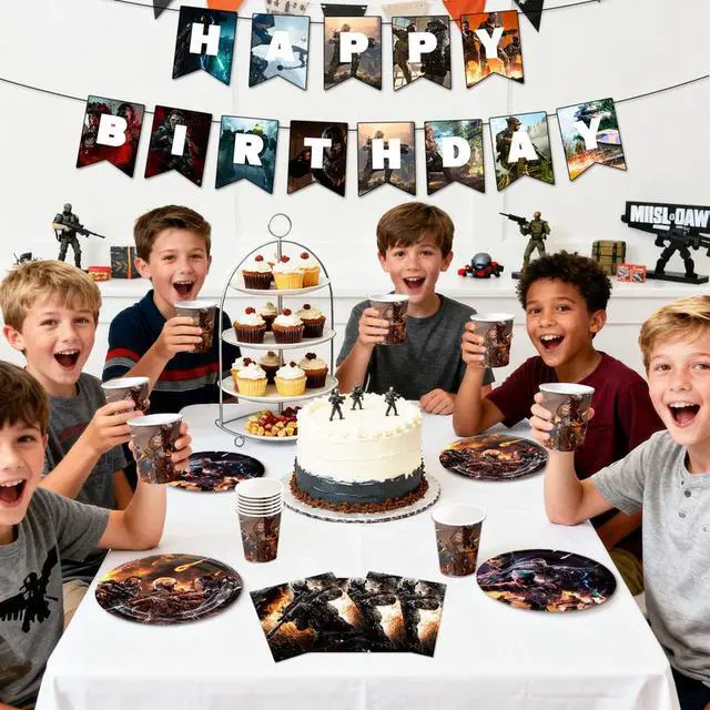 Alt view image 7 of 7 - 126 Pcs Call of Duty Birthday Decorations Tableware, Call of Duty Party Decorations Set - Call of Duty Themed Party Plates Cups Napkins Tablecloth Banners etc Call of Duty Birthday Party Supplies