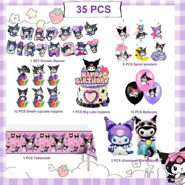 Alt view image 2 of 7 - Kuromi Party Decorations, 33 Pcs Kuromi Birthday Supplies - Kuromi Party Banners Balloons Cake Toppers Tablecloths etc Kuromi Birthday Decorations for Kuromi Party