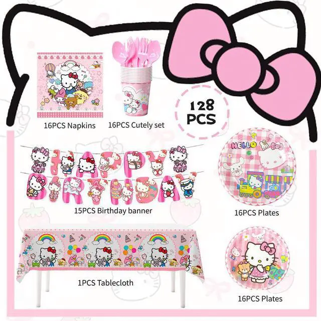 Alt view image 2 of 7 - 128 Pcs Hello Kitty Birthday Party Decorations &Tableware Set - Hello Kitty Tablecloth Banner Plates Napkins Cups for Hello Kitty Birthday Party Decorations for Hello Kitty Party Supplies