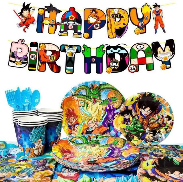 Main image of Dragon Ball Z Birthday Party Decoration Tableware, 128 Pcs Dragon Ball Z Party Supplies Tableware Include Dragon Ball Z Table Cloth Banner Plates Napkins Cups, for Goku Birthday Party Decorations