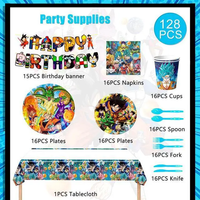 Alt view image 2 of 7 - Dragon Ball Z Birthday Party Decoration Tableware, 128 Pcs Dragon Ball Z Party Supplies Tableware Include Dragon Ball Z Table Cloth Banner Plates Napkins Cups, for Goku Birthday Party Decorations