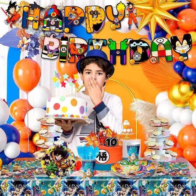 Alt view image 4 of 7 - Dragon Ball Z Birthday Party Decoration Tableware, 128 Pcs Dragon Ball Z Party Supplies Tableware Include Dragon Ball Z Table Cloth Banner Plates Napkins Cups, for Goku Birthday Party Decorations