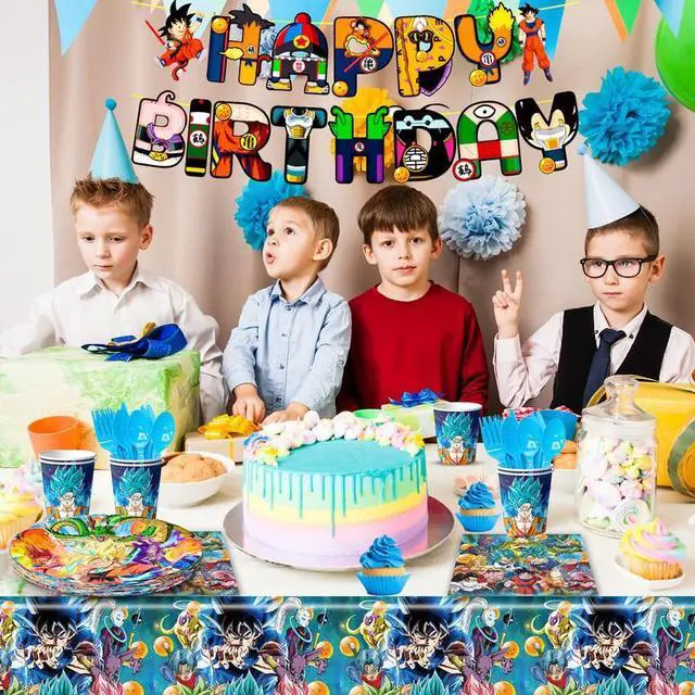 Alt view image 6 of 7 - Dragon Ball Z Birthday Party Decoration Tableware, 128 Pcs Dragon Ball Z Party Supplies Tableware Include Dragon Ball Z Table Cloth Banner Plates Napkins Cups, for Goku Birthday Party Decorations