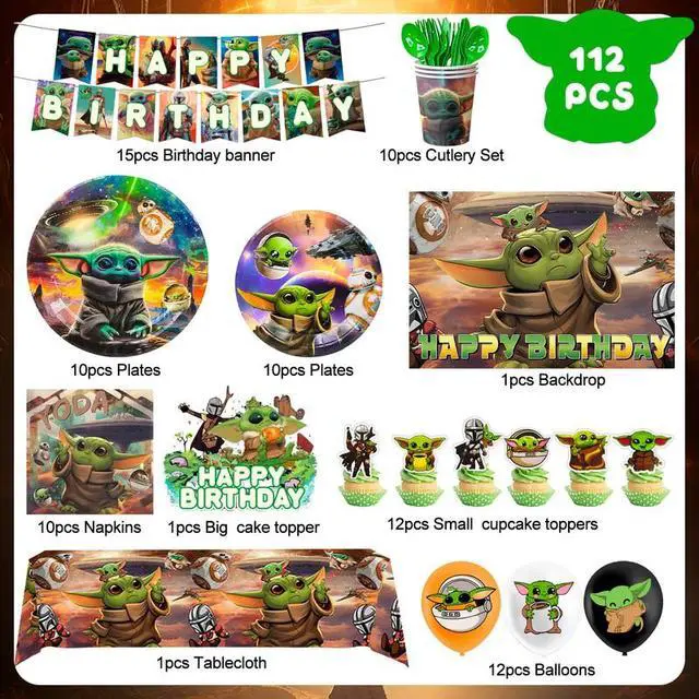 Alt view image 2 of 7 - Yoda Birthday Party Supplies, 112 Pcs Yoda Party Decorations&Tableware Set-Plates Banner Balloons etc Yoda Baby Party Decorations