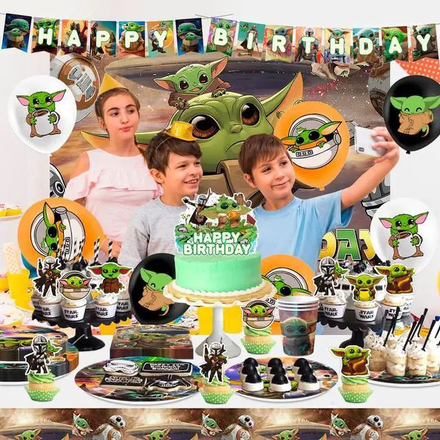 Alt view image 6 of 7 - Yoda Birthday Party Supplies, 112 Pcs Yoda Party Decorations&Tableware Set-Plates Banner Balloons etc Yoda Baby Party Decorations
