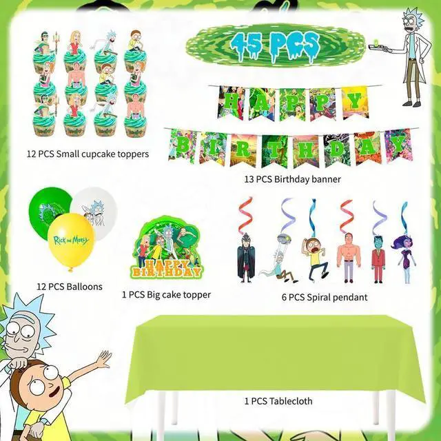 Alt view image 2 of 7 - 45 Pcs Rick and Morty Birthday Decorations Set - Rick and Morty Banner Balloons Tablecloth Cake Toppers Spirals etc Rick and Morty Party Decorations for Rick and Morty Birthday Party Supplies