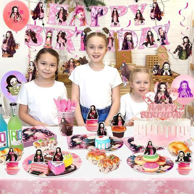 Alt view image 3 of 7 - Nezuko Birthday Decorations, 117 Pcs Nezuko Party Decorations&Nezuko Party Tableware Set- Nezuko Birthday Party Plates Tablecloth&Nezuko Cake Topper Banner Balloons etc Nezuko Birthday Party Supplies