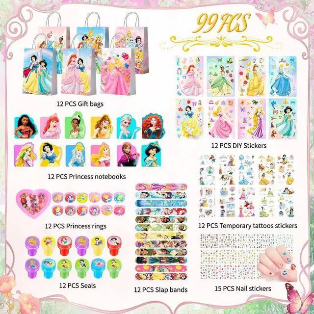 Alt view image 2 of 7 - 99 Pcs Disney Princess Party Favors - Disney Princess Birthday Gift Bags Temporary Tattoo Diy Sticker keychain Pens etc Disney Princess Birthday Party Favors