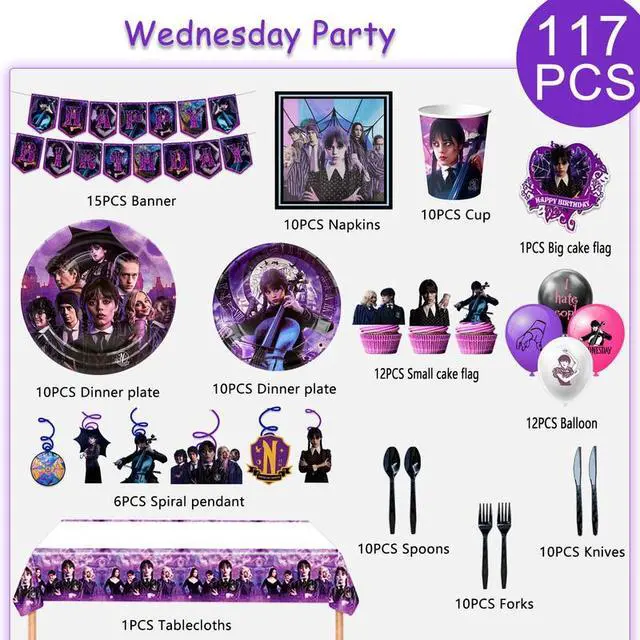 Alt view image 2 of 7 - Wednesday Birthday Decorations,117pcs Wednesday Party Decorations & Tableware Set - Wednesday Plates Napkins Cups Balloons Hanging Swirls and Wednesday Theme Tablecloth etc Wednesday Party Supplies