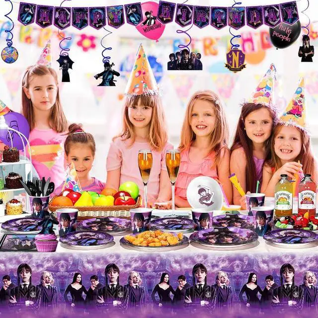 Alt view image 3 of 7 - Wednesday Birthday Decorations,117pcs Wednesday Party Decorations & Tableware Set - Wednesday Plates Napkins Cups Balloons Hanging Swirls and Wednesday Theme Tablecloth etc Wednesday Party Supplies