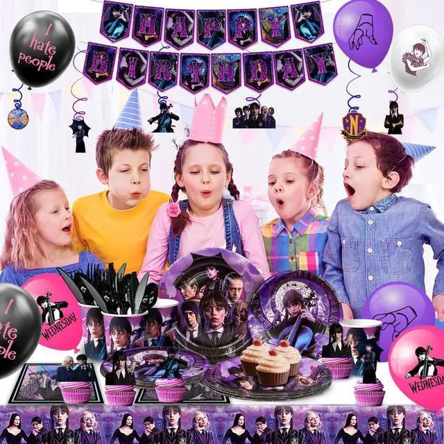 Alt view image 4 of 7 - Wednesday Birthday Decorations,117pcs Wednesday Party Decorations & Tableware Set - Wednesday Plates Napkins Cups Balloons Hanging Swirls and Wednesday Theme Tablecloth etc Wednesday Party Supplies