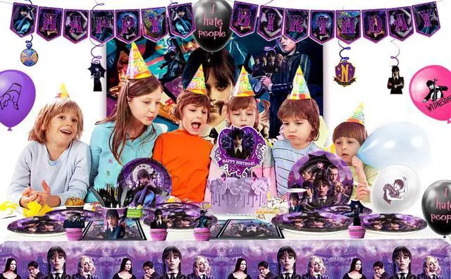 Alt view image 7 of 7 - Wednesday Birthday Decorations,117pcs Wednesday Party Decorations & Tableware Set - Wednesday Plates Napkins Cups Balloons Hanging Swirls and Wednesday Theme Tablecloth etc Wednesday Party Supplies