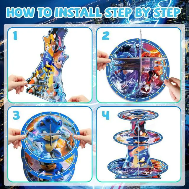 Alt view image 7 of 7 - Sonic Party Decorations Sonic Cupcake Stand Birthday Party Cake Supplies Set