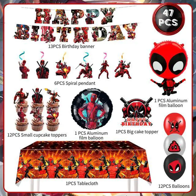 Alt view image 2 of 7 - Deadpool Party Decoration Spider Man Birthday Supplies Set Balloons Cake Topper