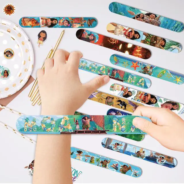 Alt view image 6 of 7 - Moana Theme Birthday Party Favors Slap Bracelets Stickers for Boys and Girls