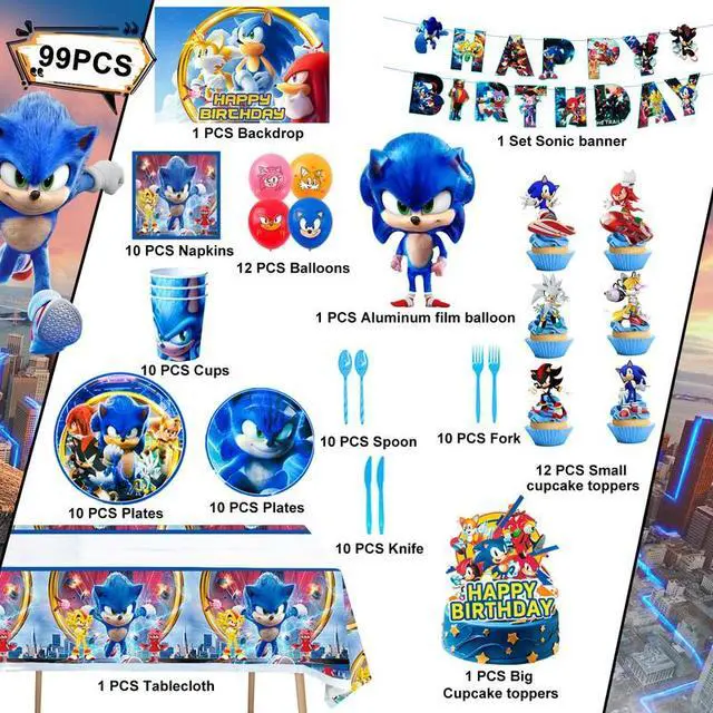 Alt view image 2 of 7 - Sonic Birthday Decorations, 99 Pcs Sonic Party Decorations & Sonic Party Tableware Set - Sonic Decorations Banners Balloons Backdrop Napkins Tablecloth and Other Sonic Birthday Party Supplies for Kids