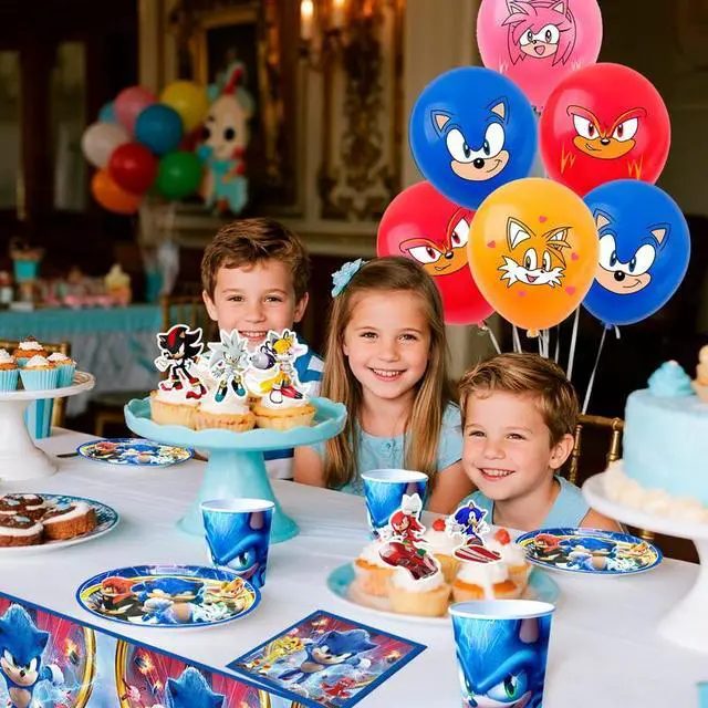 Alt view image 3 of 7 - Sonic Birthday Decorations, 99 Pcs Sonic Party Decorations & Sonic Party Tableware Set - Sonic Decorations Banners Balloons Backdrop Napkins Tablecloth and Other Sonic Birthday Party Supplies for Kids