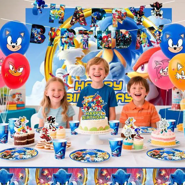 Alt view image 5 of 7 - Sonic Birthday Decorations, 99 Pcs Sonic Party Decorations & Sonic Party Tableware Set - Sonic Decorations Banners Balloons Backdrop Napkins Tablecloth and Other Sonic Birthday Party Supplies for Kids