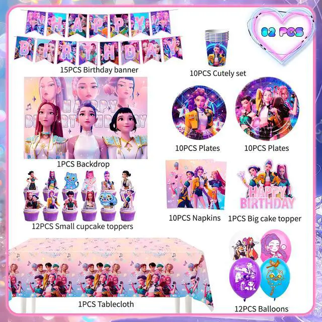 Alt view image 2 of 7 - 112 Pcs Kpop Demon Hunter Birthday Decorations & Tableware Set - Kpop Demon Hunter Party Banner Balloons Plates etc Kpop Demon Hunter Party Decorations