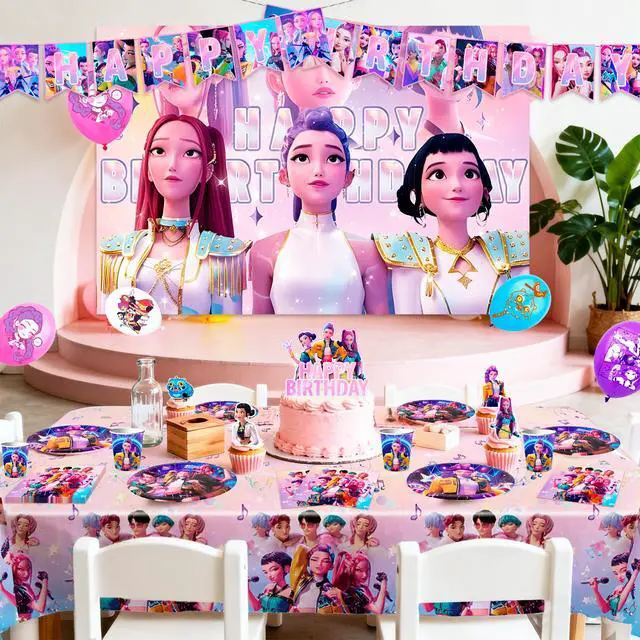 Alt view image 3 of 7 - 112 Pcs Kpop Demon Hunter Birthday Decorations & Tableware Set - Kpop Demon Hunter Party Banner Balloons Plates etc Kpop Demon Hunter Party Decorations