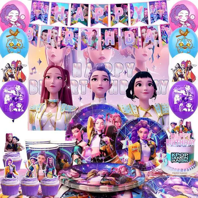 Main image of 112 Pcs Kpop Demon Hunter Birthday Decorations & Tableware Set - Kpop Demon Hunter Party Banner Balloons Plates etc Kpop Demon Hunter Party Decorations