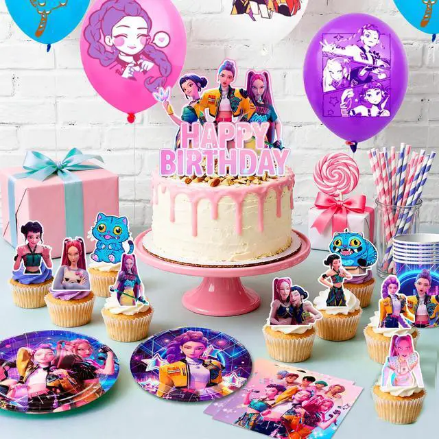 Alt view image 4 of 7 - 112 Pcs Kpop Demon Hunter Birthday Decorations & Tableware Set - Kpop Demon Hunter Party Banner Balloons Plates etc Kpop Demon Hunter Party Decorations