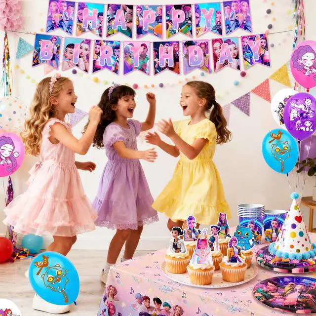 Alt view image 6 of 7 - 112 Pcs Kpop Demon Hunter Birthday Decorations & Tableware Set - Kpop Demon Hunter Party Banner Balloons Plates etc Kpop Demon Hunter Party Decorations