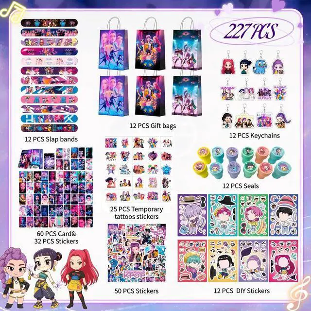 Alt view image 2 of 7 - 227 Pcs Kpop Demon Hunter Birthday Party Favor-Kpop Demon Hunter Gift Bags Stickers Keychains Acrylic Badges etc Kpop Demon Hunter Party Goodie Bags Stuffer