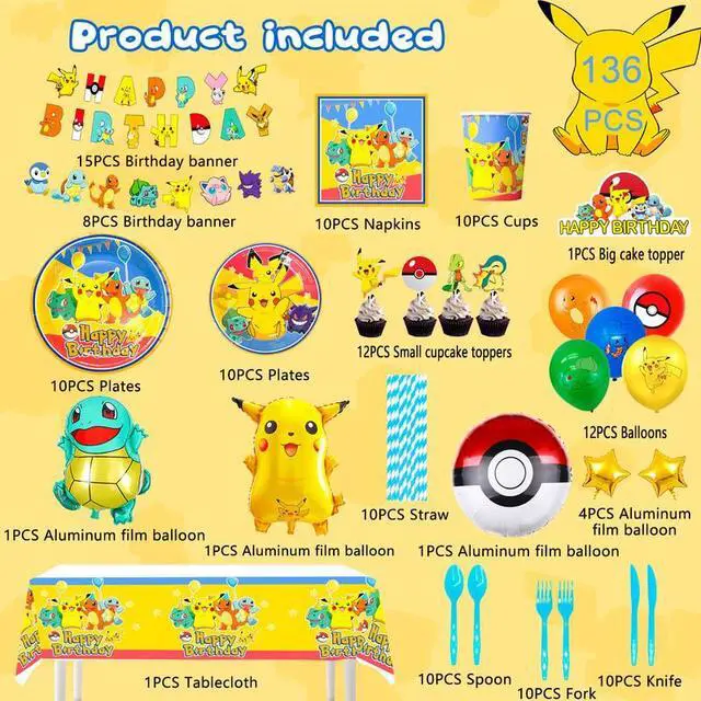 Alt view image 2 of 7 - Pokemon Party Supplies, 136pcs Pokemon Birthday Decorations & Tableware Set Including Pokemon Decorations Plates Napkins & Pokemon Balloons Cake Topper etc Pokemon Theme Birthday Decorations for Kids