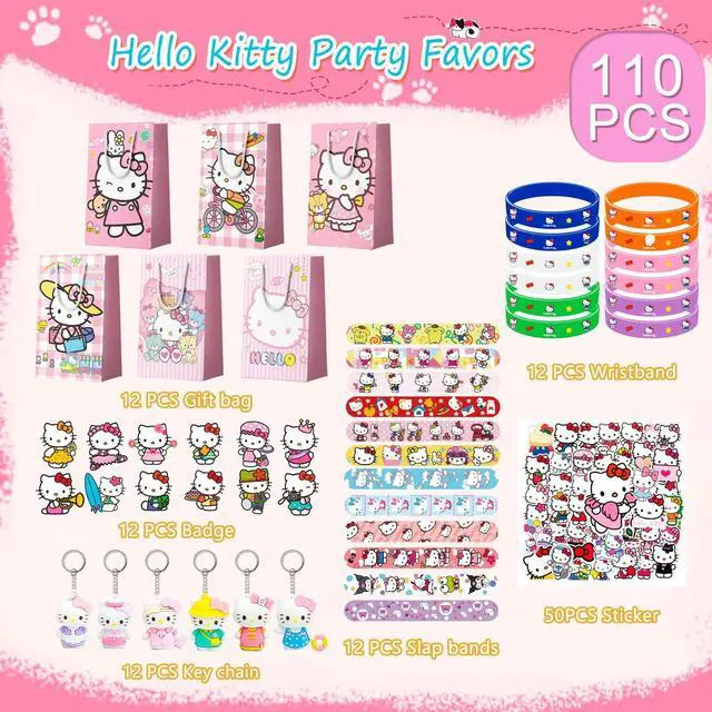 Alt view image 2 of 7 - Hello Kitty Party Favors, 110 Pcs All-in-One Hello Kitty Birthday Party Favors Set, Including Hello Kitty Party Favor Bags, Stickers, Bracelets Other Hello Kitty Party Favors for Party Supplies