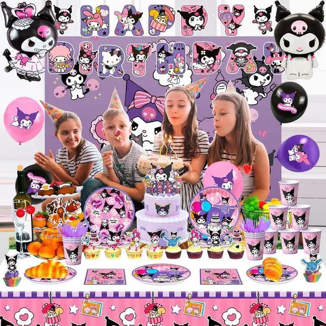 Alt view image 3 of 7 - Kuromi Birthday Party Decoration Supplies, 114 Pcs Kuromi Party Supplies including Kuromi Cake Toppers Balloons Banners Plates Napkins Cups Kuromi Party Decorations for Girls and Boys