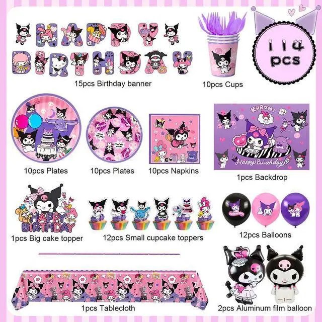 Alt view image 2 of 7 - Kuromi Birthday Party Decoration Supplies, 114 Pcs Kuromi Party Supplies including Kuromi Cake Toppers Balloons Banners Plates Napkins Cups Kuromi Party Decorations for Girls and Boys